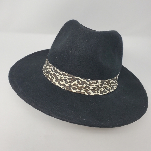 NINE WEST BLACK FEDORA HAT 100% WOOL CHEETAH PRINT BAND WOMEN OS - Picture 3 of 13